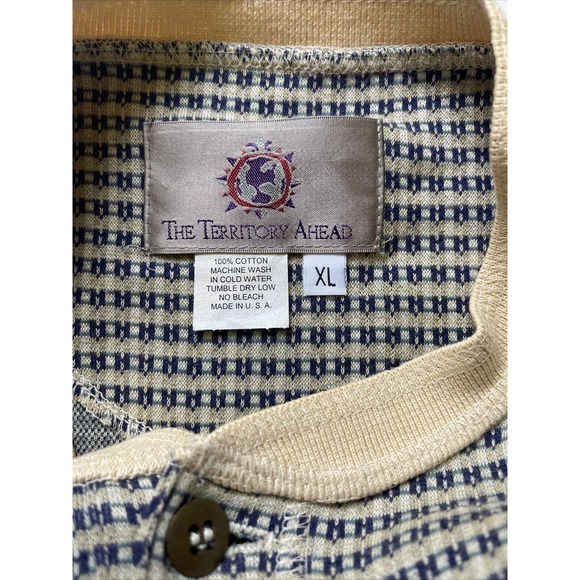 The Territory Ahead Mens Henley Boho Shirt Tan/Blue Stripe LS Size XL - Picture 2 of 9
